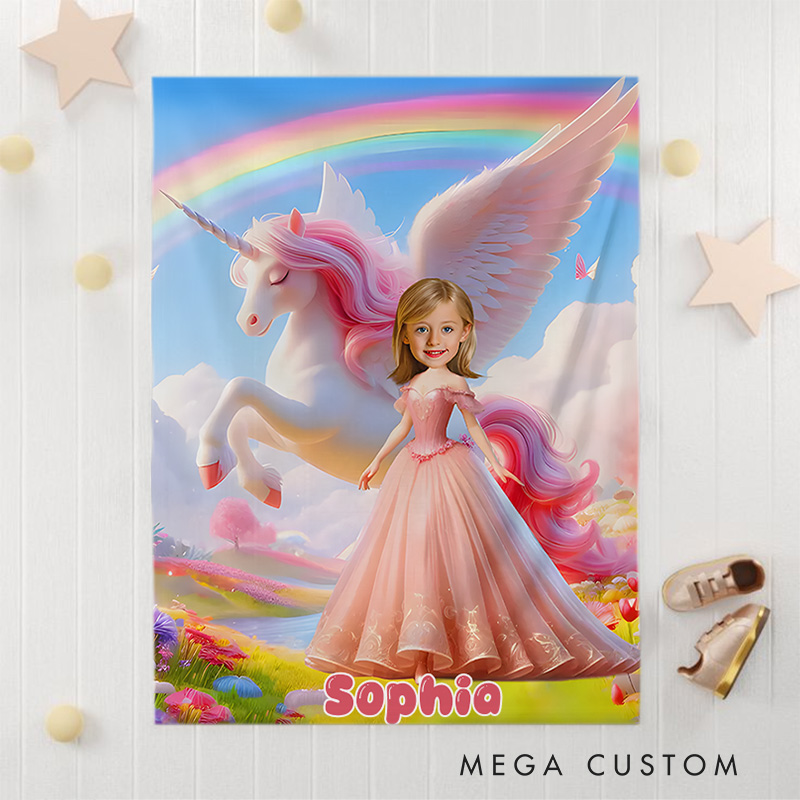 Personalized Princess and Unicorn Blanket with Funny Photo Gift for Kids Birthday Children's Day Gift
