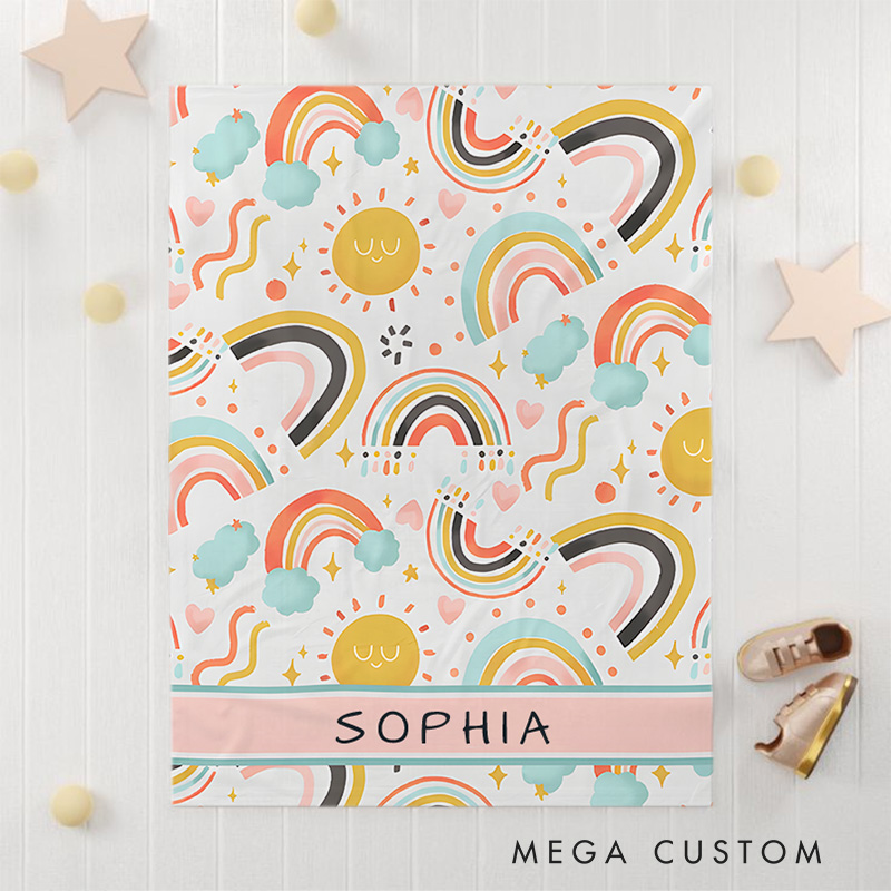 Personalized Kids Whimsical Colorful Rainbow Heart Name Blanket Birthday Children's Day Gift