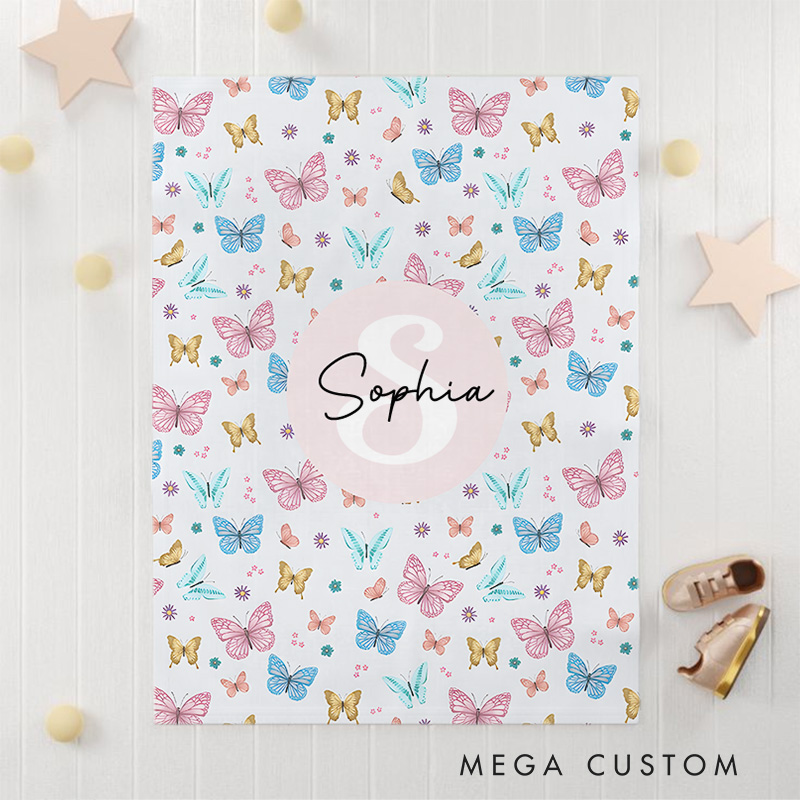 Personalized Girls Cute Pink Butterfly Kids Monogram Blanket Birthday Children's Day Gift