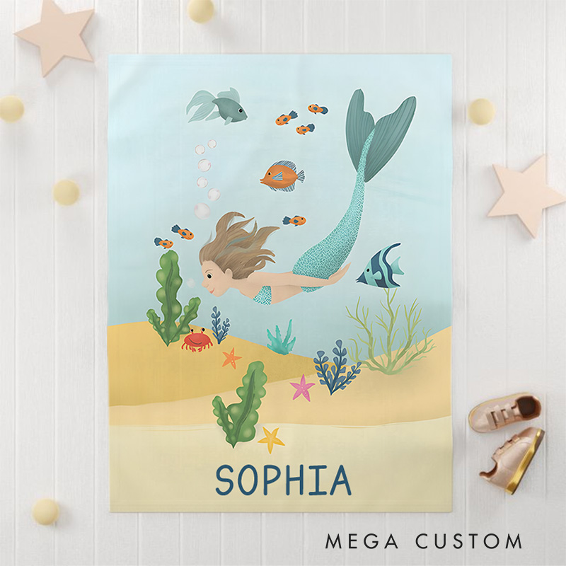 Personalized Girls Cute and Whimsical Magical Mermaid Sea Kids Blanket Birthday Children's Day Gift