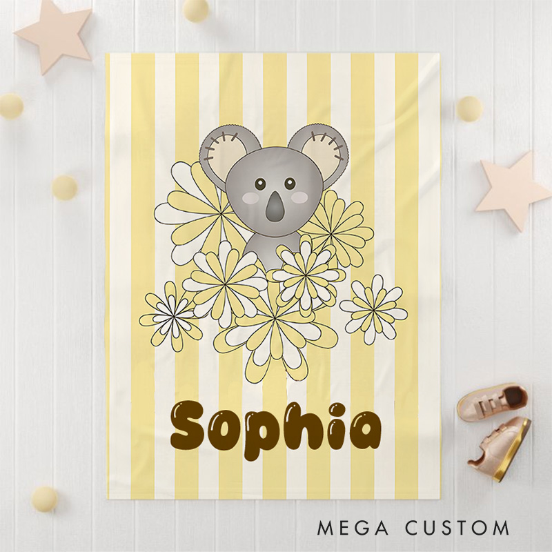 Personalized Yellow Stripe Cute Baby Koala Bear Kids Blanket Birthday Children's Day Gift