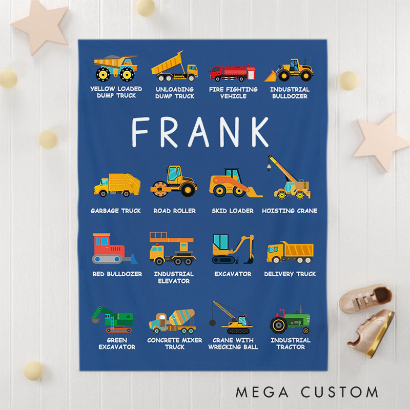 Personalized Work Vehicles Construction Trucks Kids Blanket with Name for Boys Girls Truck Lover Couch Sofa Bed Decor Birthday Children's Day Gift