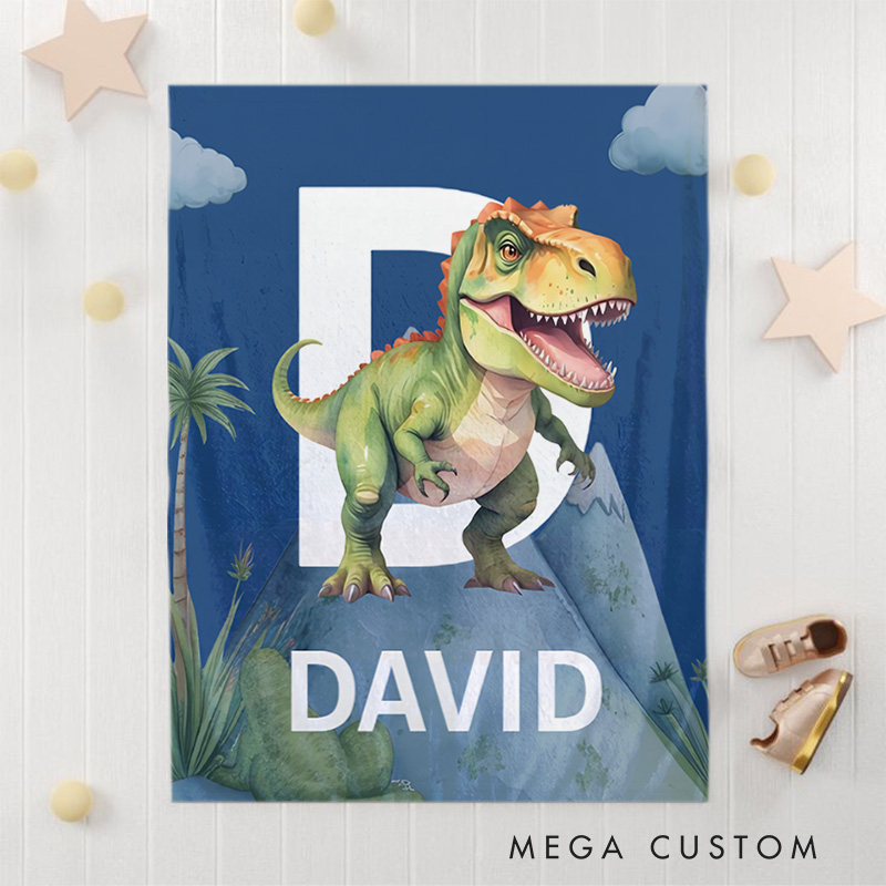 Personalized Cute Dinosaur Soft Throw Blanket with Initial Name Birthday Home Decor Gift for Kids