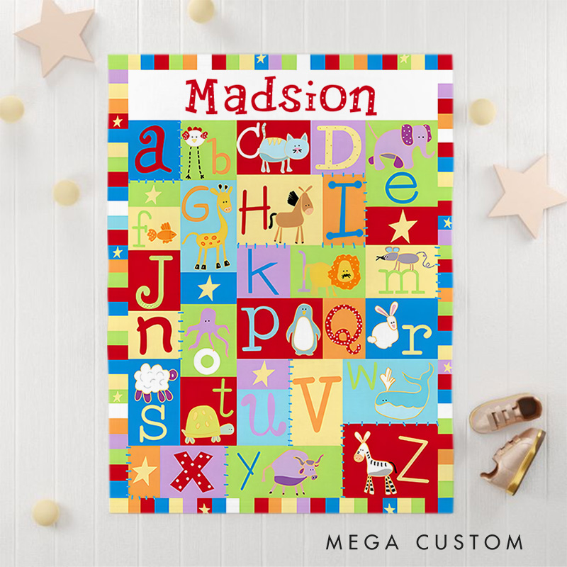 Personalized Cartoon Animal Alphabet Color Block Stitching Soft Throw Blanket with Name Home Decor Birthday Gift for Kids