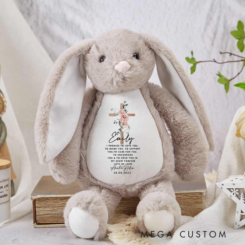 Personalized Stuffed Bunny Plush Toy with Name and Flower Cross Birthday Baptism Gift Christmas and First Communion Gift for Kids