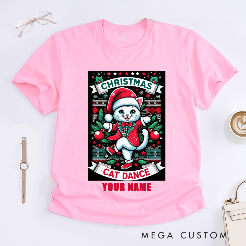 Personalized Christmas Cat T-Shirts Custom Name Cute Dancing Kitty Gift for Women Unique Dance Shirt for Family Matching Outfits