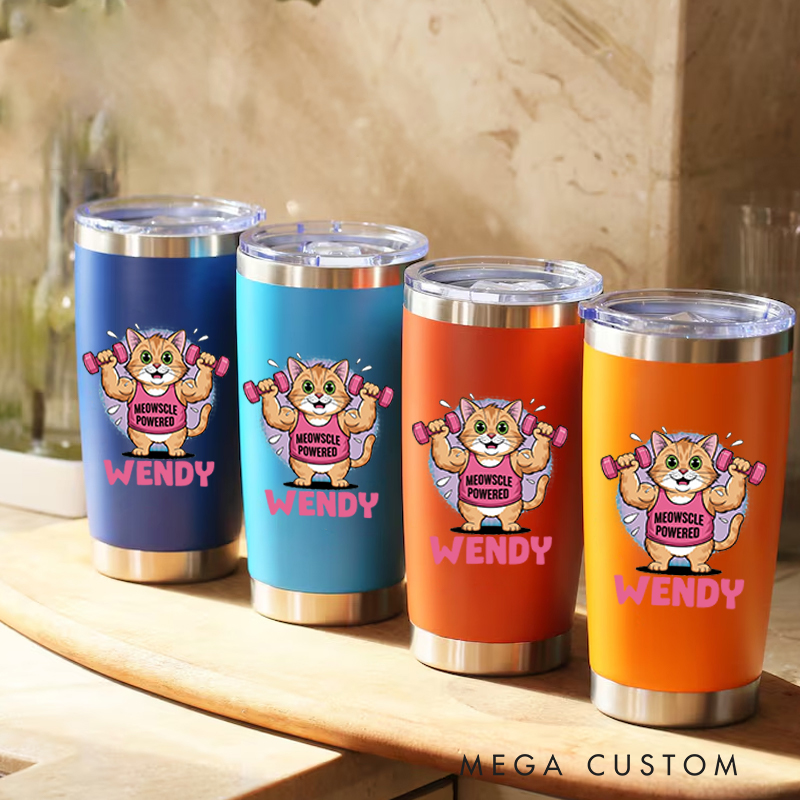 Personalized Fitness Tumbler Coffee Stainless Steel Tumbler with Strong Cat with Dumbbells for Fitness Enthusiasts Bodybuilders and Gym Lovers