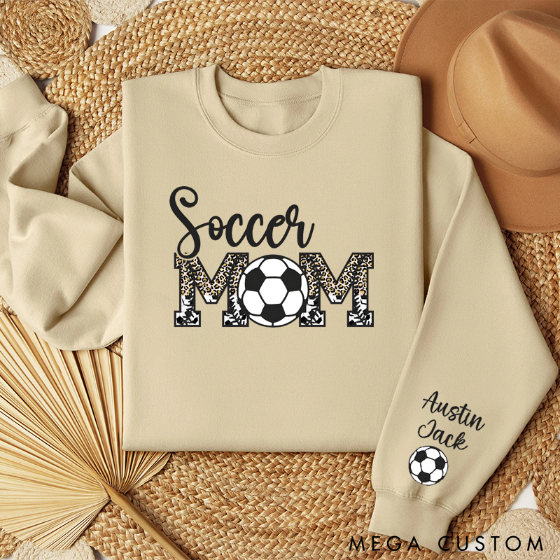 Personalized Soccer Mom Sweatshirt with Custom Names, Soccer Ball Detail, and Stylish Leopard Print Design