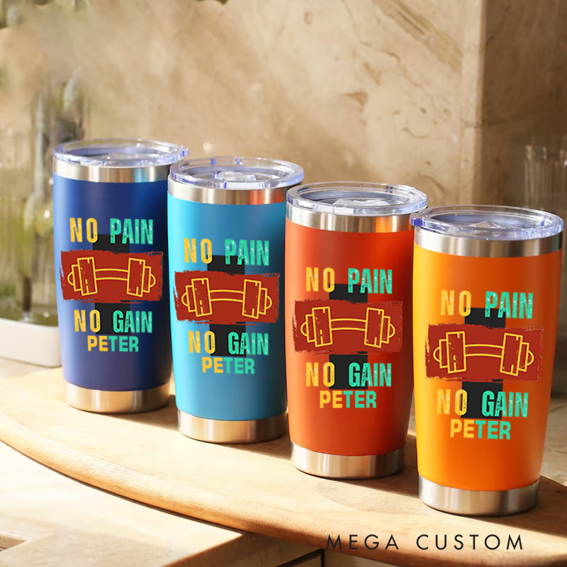Personalized Fitness Tumbler Coffee Stainless Steel Tumbler with No Pain No Gain Design Dumbbell Graphic for Fitness Enthusiasts Bodybuilders and Gym Lovers