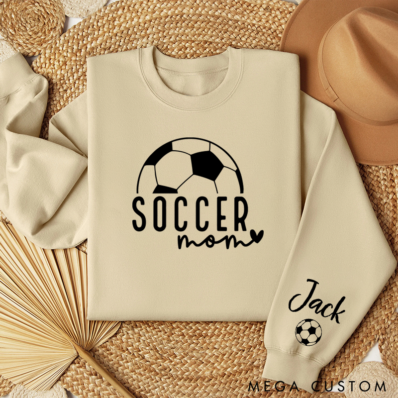 Personalized Pink Soccer Mom Sweatshirt with Custom Name and Heart Graphic Design