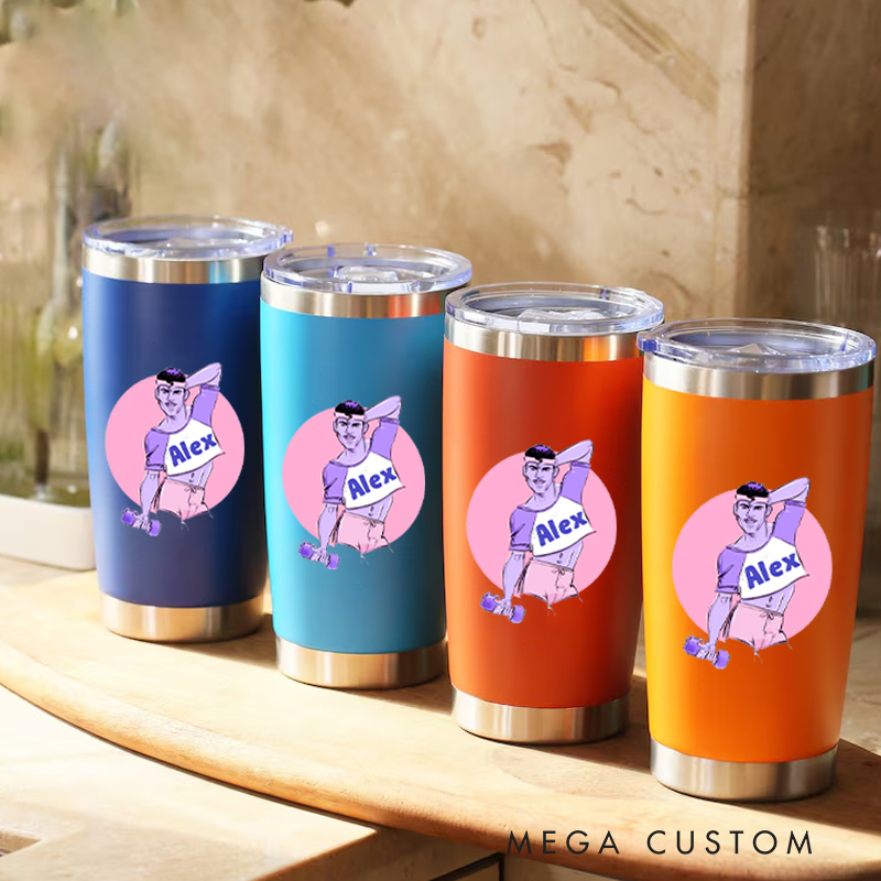 Personalized Fitness Tumbler Coffee Stainless Steel Tumbler with Playful Cartoon Fitness Character Design for Fitness Enthusiasts Bodybuilders and Gym Lovers