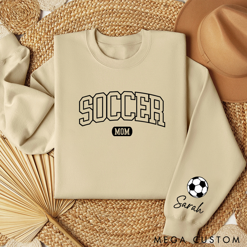 Personalized Pink Soccer Mom Sweatshirt with Custom Name and Soccer Ball Design