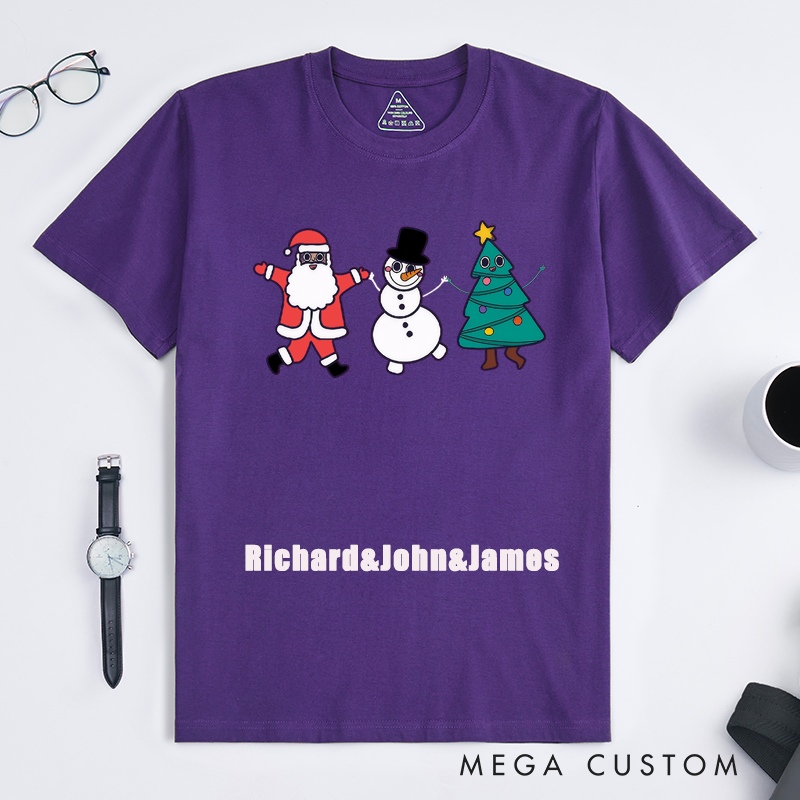 Personalized Christmas Cartoon Dance T-Shirt Unisex Custom Name Gift Santa Snowman Tree Design Family Matching Outfit for Men Women