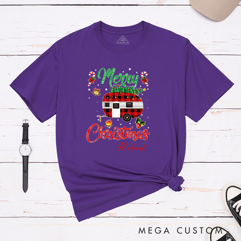 Personalized Plaid Camper Christmas T-Shirt Hiking Adventure Lover Shirt Christmas Gift for Outdoors 