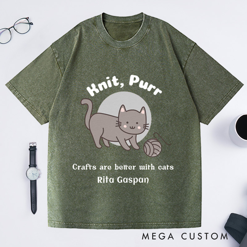 Personalized Funny Knitter Cat Washed T-Shirts Knitting T-Shirt Knitter T Shirt Knit Happens Crafts Kitty Lover Gift