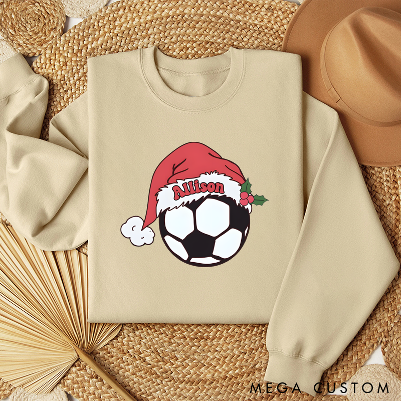 Personalized Christmas Soccer Sweatshirt with Custom Name and Festive Santa Hat Design