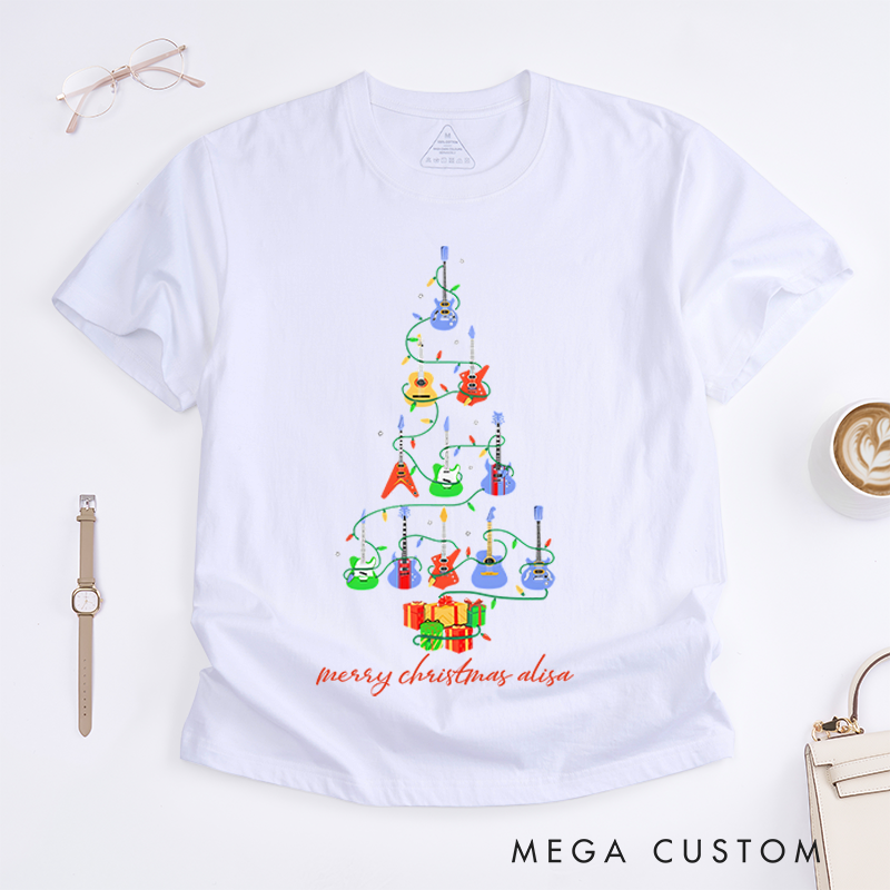 Personalized Classic T-Shirts Christmas Guitar Tree for Men and Women and Tee Guitar Musician Gift Top Music Ukulele Tree Shirt Christmas Gift