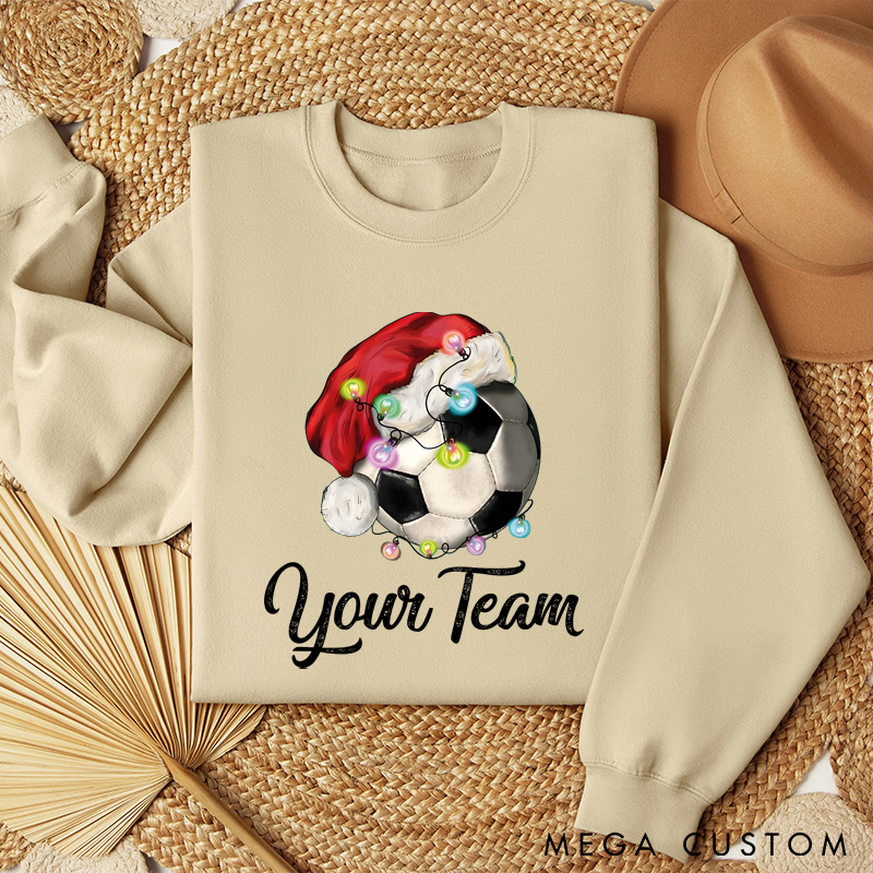 Personalized Christmas Soccer Sweatshirt with Custom Team Name and Festive Santa Hat Design