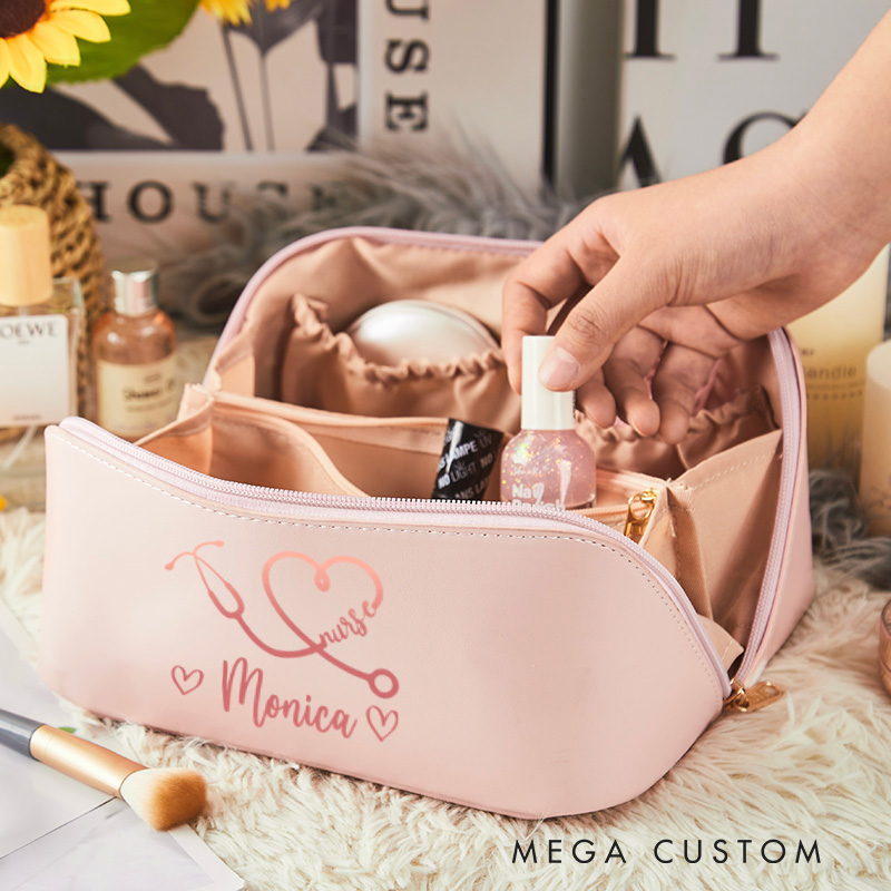 Personalized Leather Cosmetic Bag for Nurse Large Capacity Makeup Bag Leather Storage Organizer Gift
