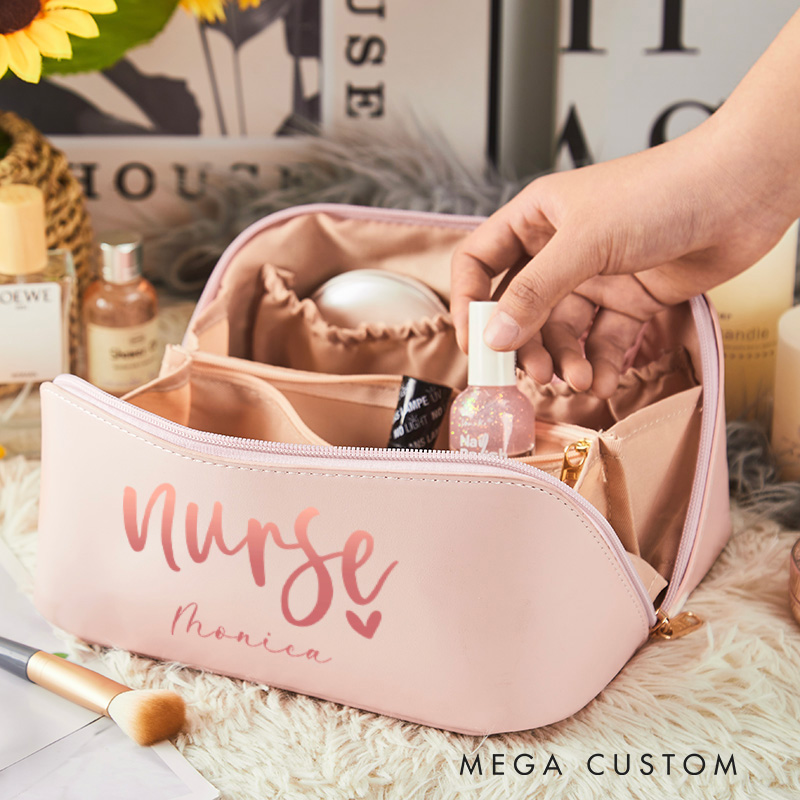 Personalized Leather Cosmetic Bag for Nurse Large Capacity Makeup Bag Leather Storage Organizer Gift