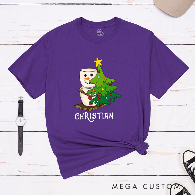 Personalized Marshmallow Snowman Hugging a Christmas Tree T-Shirt Christmas Camping Shirt Gift for Outdoor Hiking Lover