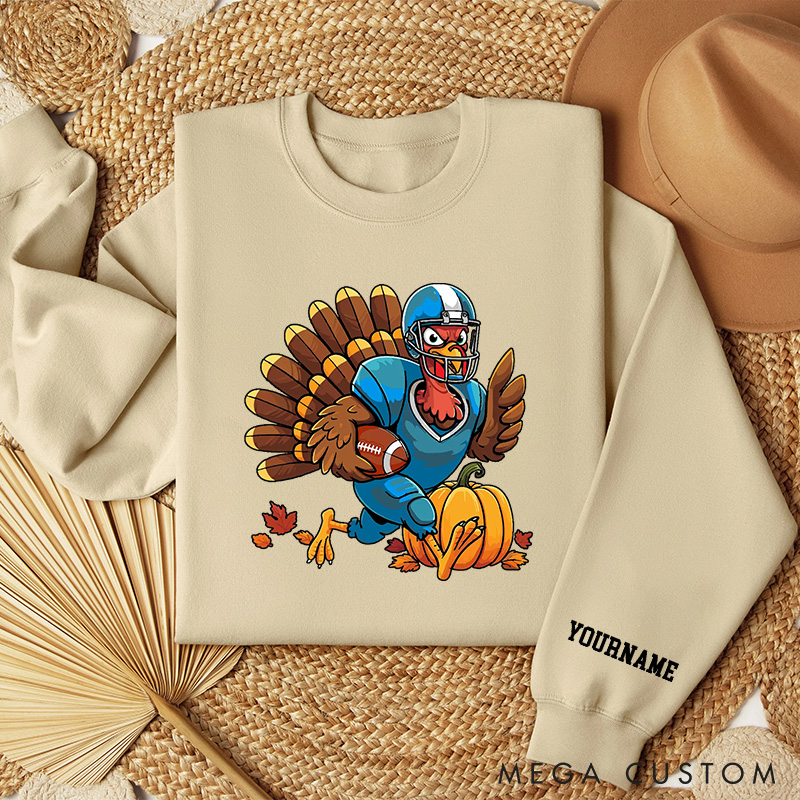 Personalized American Football Turkey Sweatshirt with Custom Name for Thanksgiving Day