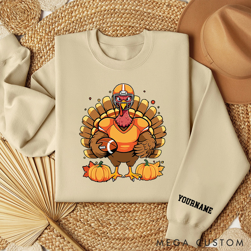 Personalized American Football Turkey Sweatshirt with Custom Player Name for Thanksgiving Day