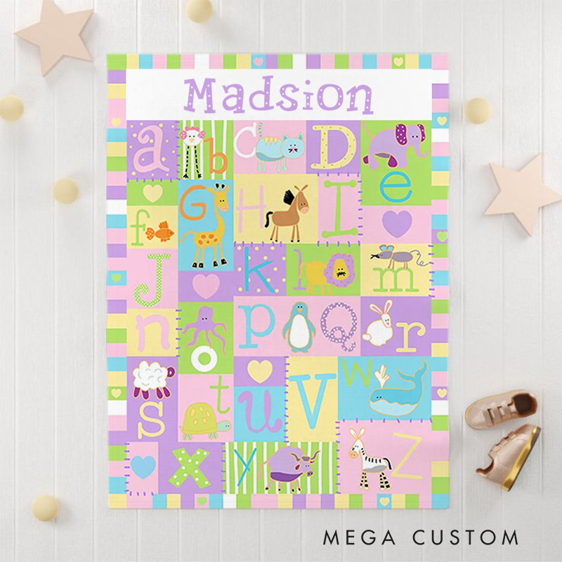 Personalized Cartoon Animal Alphabet Color Block Stitching Soft Throw Blanket with Name Home Decor Birthday 