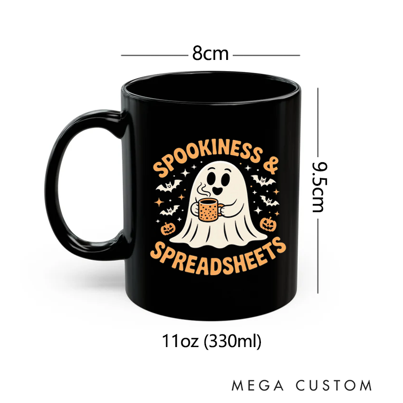 Personalized Office Worker Mug Gift Spookiness and Spreadsheets with a Cute Ghost Holding a Coffee Mug Halloween Elements Mug Gift for Coworkers