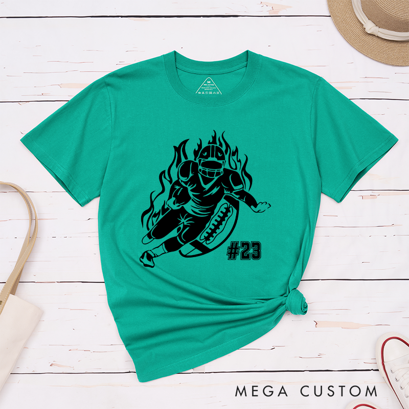 Personalized American Football Player T-Shirts Featuring Custom Number - Customizable Football Action Tee
