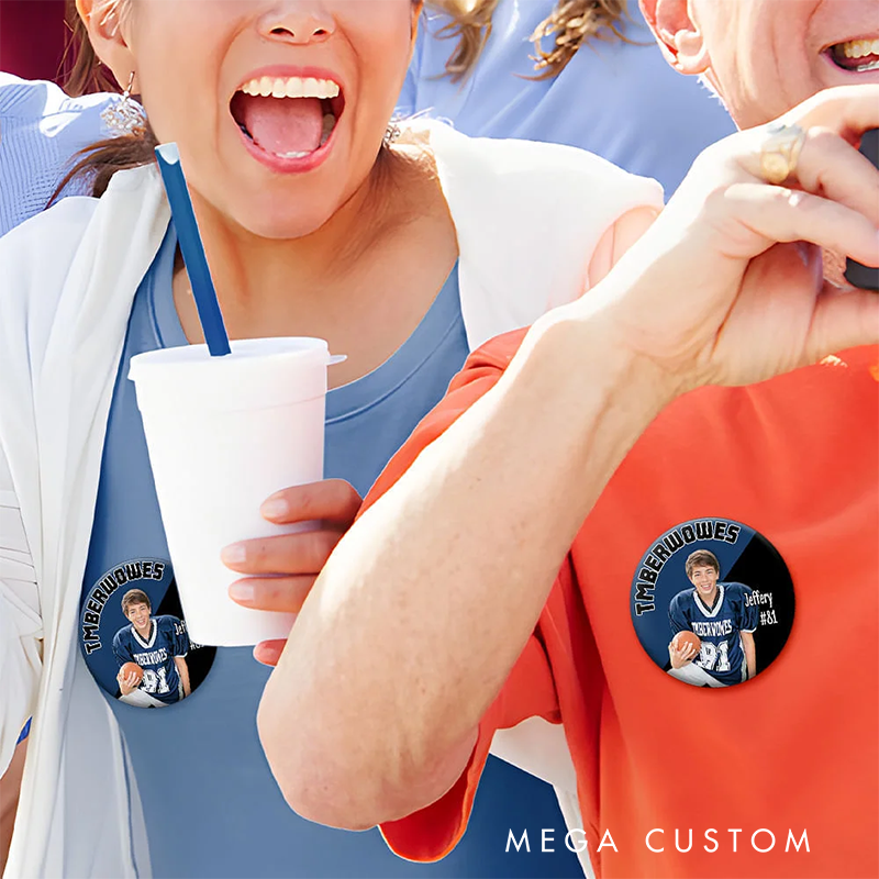 Personalized Baseball Button Pin with Custom Team Name, Player Name, Image, and Number Design