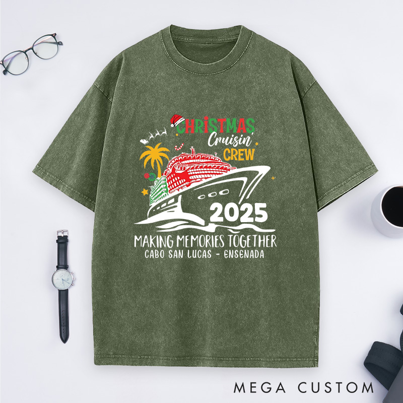 Personalized Christmas Cruise Washed T-Shirt Family Vacation Christmas T-Shirt Gift for Outdoor Travel Lover