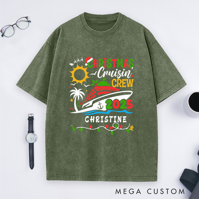 Personalized Christmas Cruisin'Crew Washed T-Shirt Family Christmas Cruise T-Shirt Gift for Outdoor Travel Lover