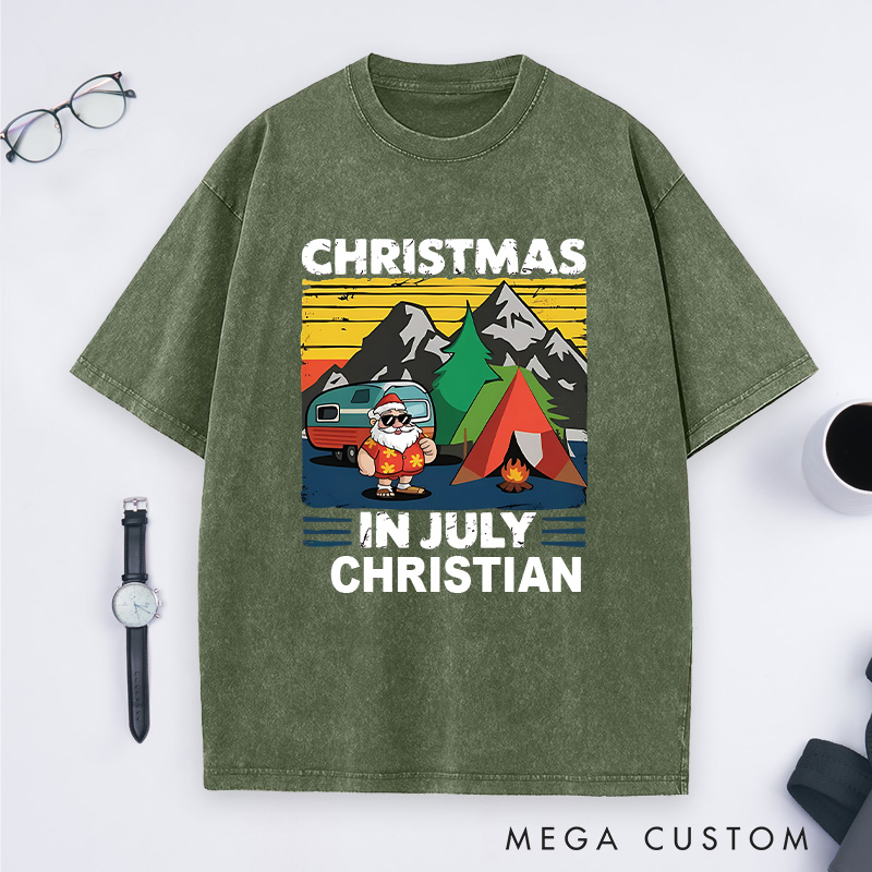 Personalized Christmas in July Washed T-Shirt Outdoor Tropical Camping Washed T-Shirt  Gift for Hiking Lover