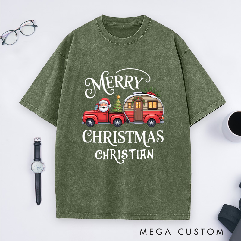 Personalized Merry Christmas Washed T-Shirt Outdoor Camping T-Shirt Gift for Adventure Hiking Lover