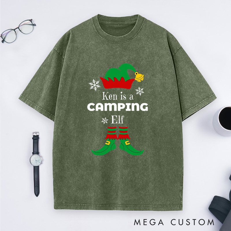 Personalized Camping Elf Washed T-Shirt Christmas Outdoor Adventure T-Shirt Gift for Hiking Lover