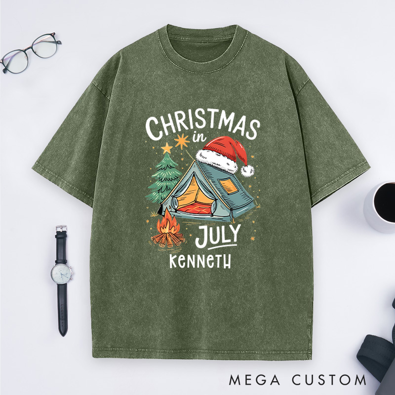 Personalized Christmas in July Washed T-Shirt Outdoor Camping Lover T-Shirt Christmas Gift for Hiking Lover