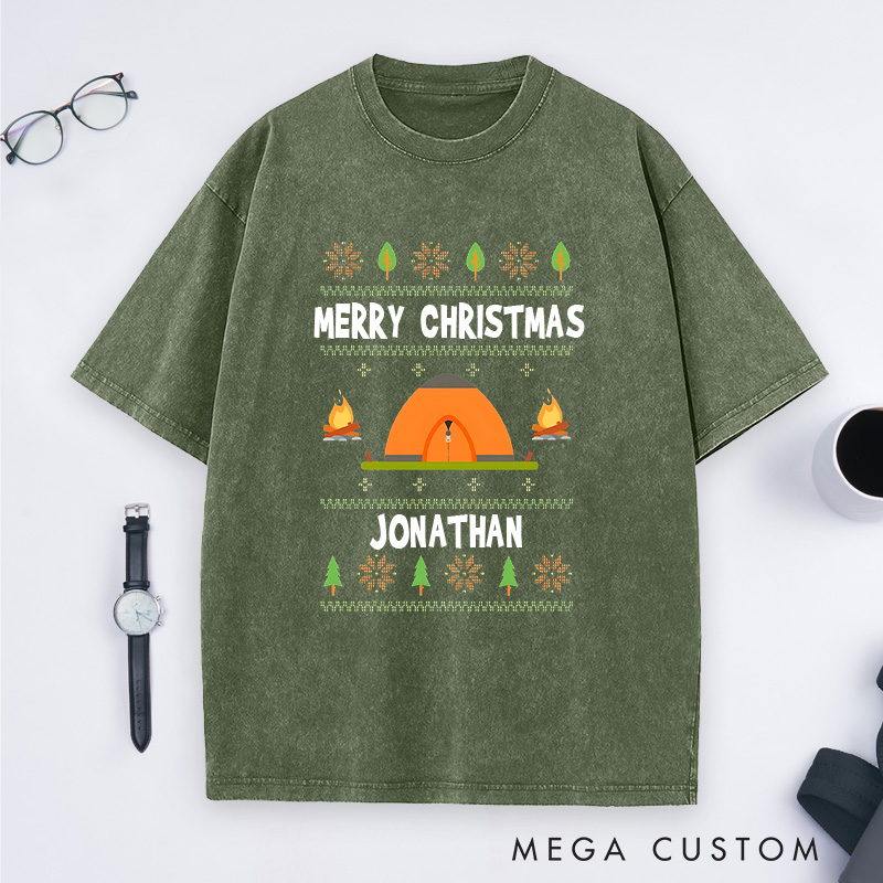 Personalized Camper Christmas Washed T-Shirt Outdoor Adventure T-Shirt Christmas Gift for Hiking Outdoors