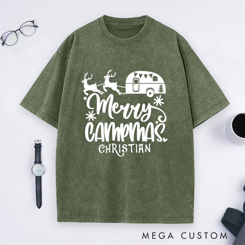 Personalized Merry Campmas Washed T-Shirt Outdoors Camping Christmas T-Shirt Gift for Hiking Lover