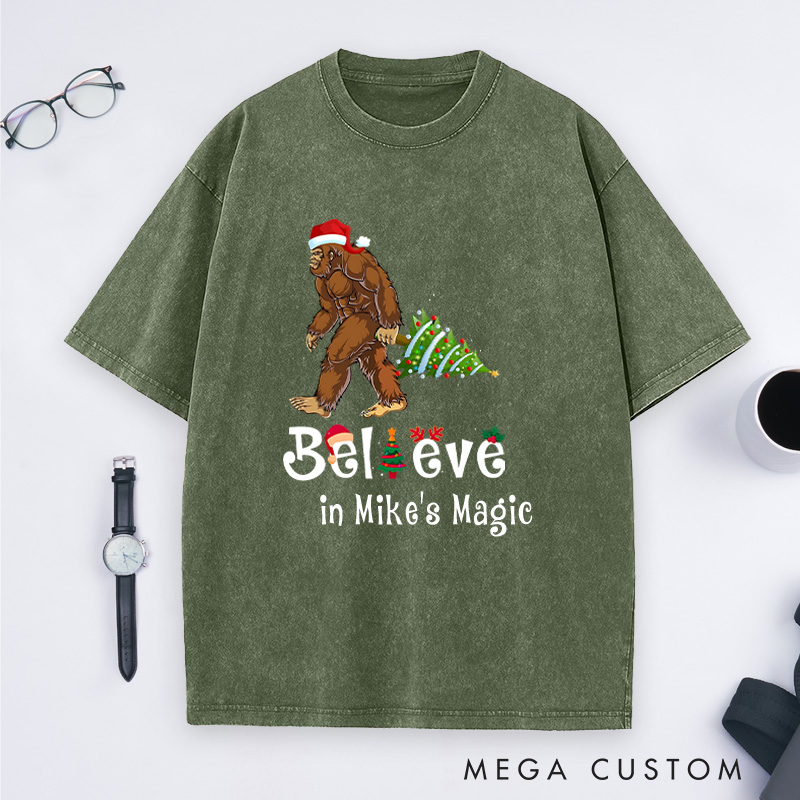 Personalized Bigfoot Adventure Christmas Washed T-Shirt Merry Christmas T-Shirt Gift for Hiking Outdoors Lover