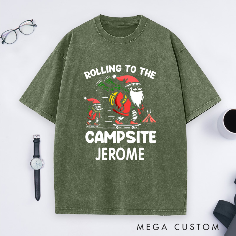 Personalized Rolling to the Campsite Washed T-Shirt Hiking Skating T-Shirt Christmas Gift for Outdoors Lover