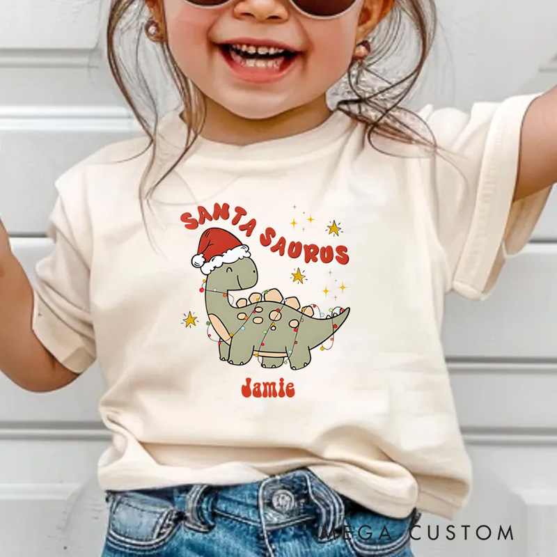 Personalized Cute Christmas Dinosaur Santasaurus Name Kids T-Shirt