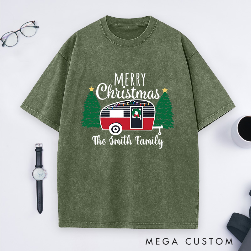 Personalized Cozy Camper Christmas Washed T-Shirt Merry Christmas T-Shirt Christmas Gift for Outdoors Lover