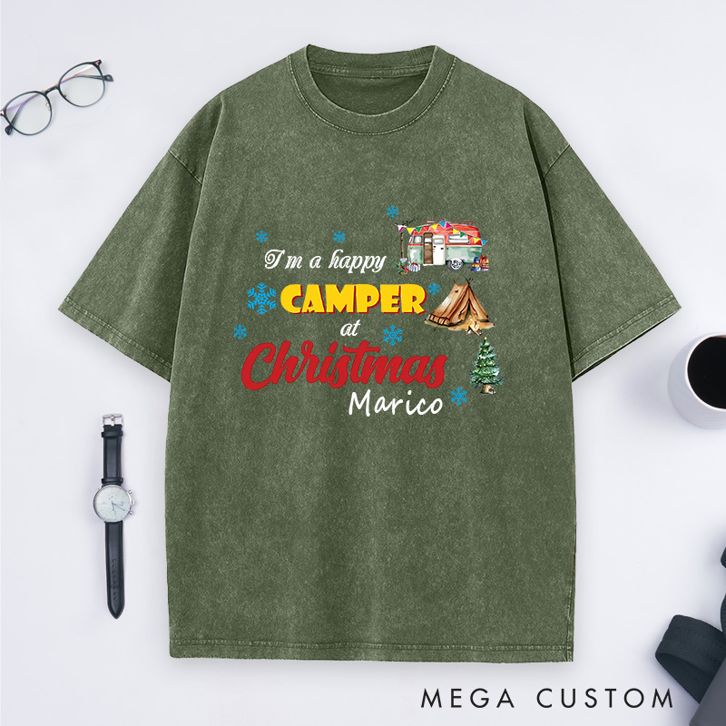 Personalized Christmas Camping Washed T-Shirt Hiking Adventure Lover T-Shirt for Outdoors Christmas Gift 