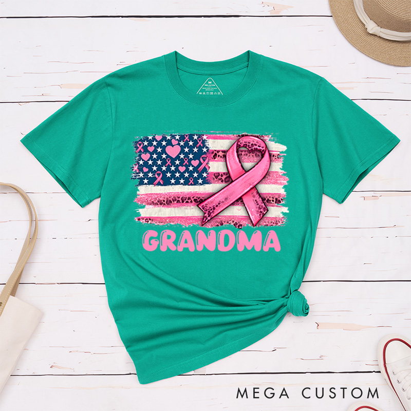 Personalized Pink Ribbon American Flag Breast Cancer T-Shirt Cancer Survivor Gift