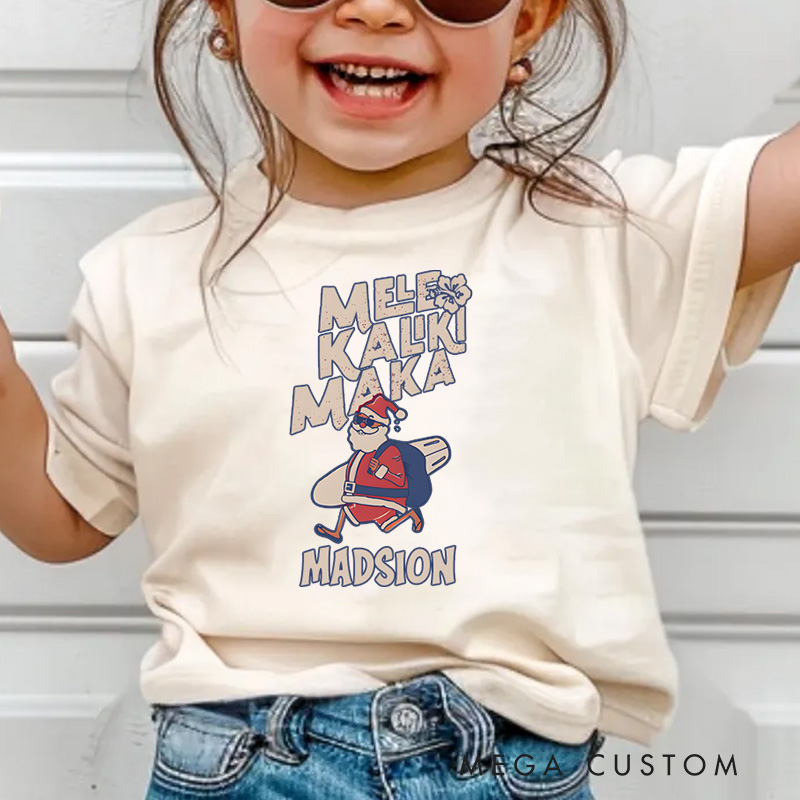 Personalized Mele Kalikimaka Funny Santa Hawaiian Christmas Kids T-Shirt