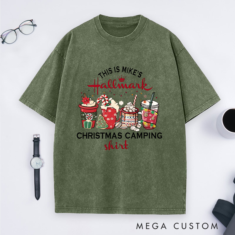 Personalized Christmas Camping Washed T-Shirt Holiday Spirit Shirt Gift for Outdoor Hiking Lover