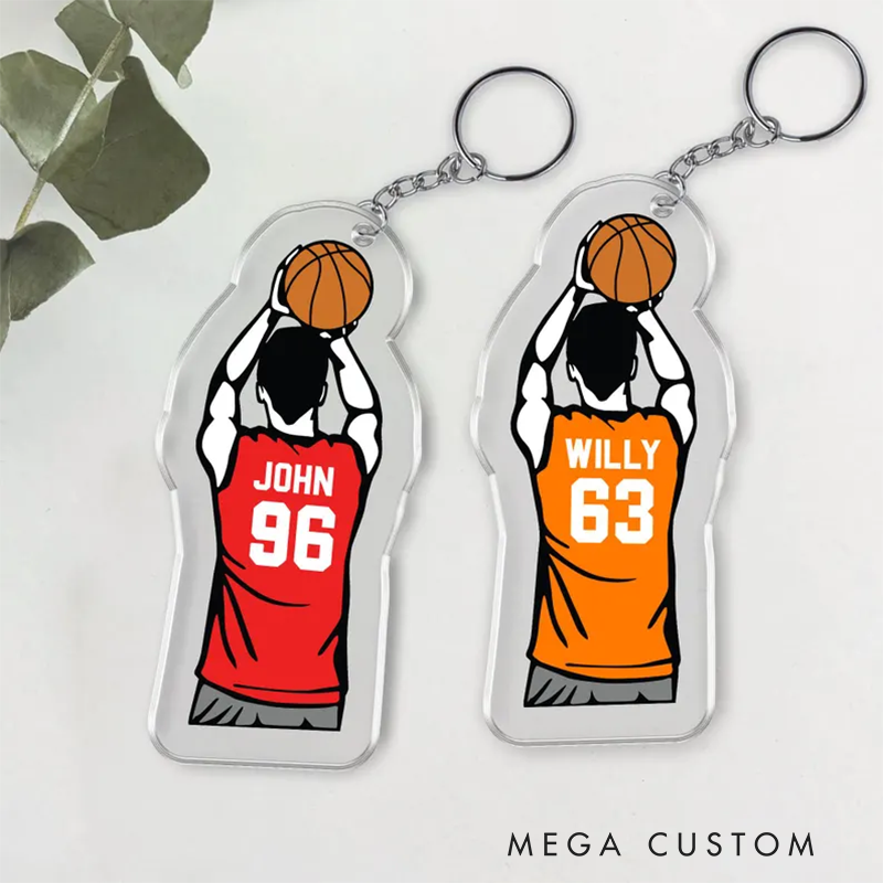 Personalized Basketball Keychain with Custom Name, Jersey Number, Shooting Pose, and Jersey Colors Design