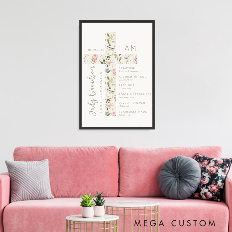 Personalized Cross Flower Bible Verse Framed Painting with Name and Text Wall Decor First Communion Gift for Girls