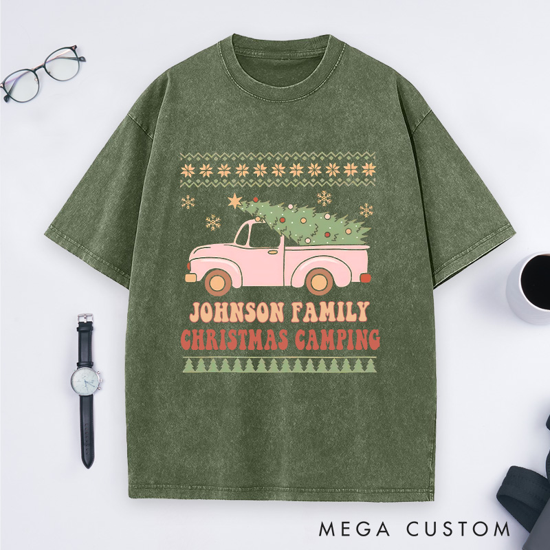 Personalized Family Christmas Camping Washed T-Shirt Outdoor Adventure Shirt Christmas Gift for Hiking Lover